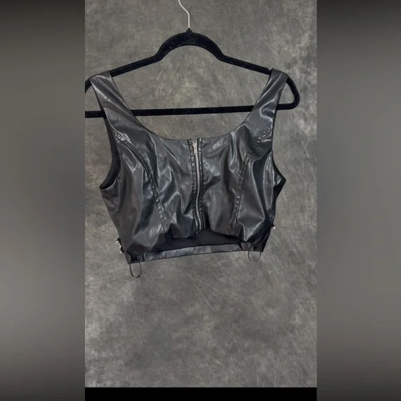 Fashion Nova Faux Leather Rhinestone Crop Top & Flare Pants Set | Black | M - Picture 3 of 15